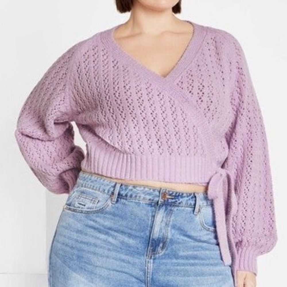 City Chic Isla Wrap Cardigan Lilac Purple Pointelle Knit Balloon Sleeve UK 20